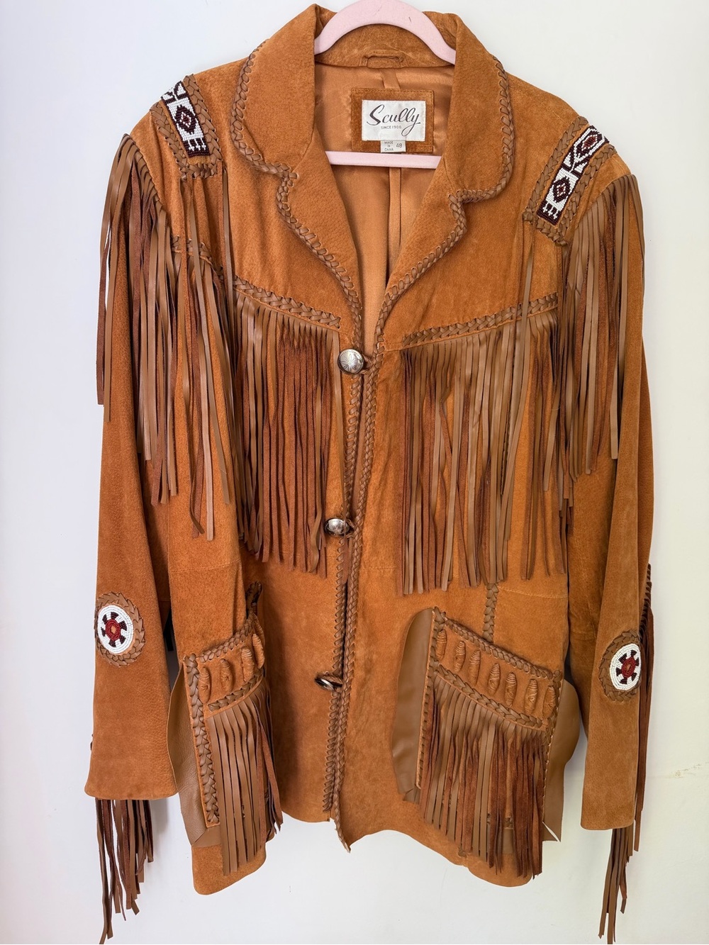 Scully Men’s 48 Genuine Leather Western Fringe Beaded Jacket Suede Cowboy Coat